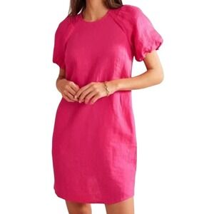 Boden Linen Shift Dress Women Size 16R-18R Pink Puff Sleeve Mini Preppy‎ Bright